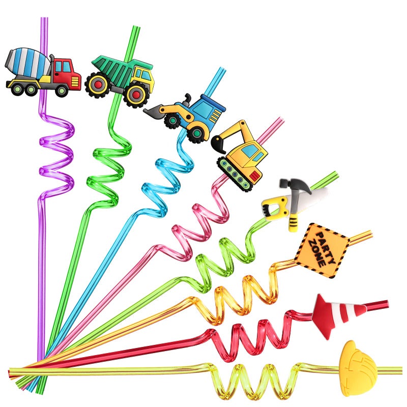 Lidmada 24 Reusable Construction Plastic Straws Excavator Bulldozer Blender Truck for Construction Theme Birthday Party Supplies Gift Favors with 2 Cleaning Brushes - Image 1