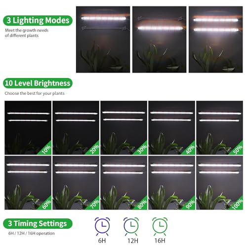 RWNTAO 16‘’ LED Grow Light Strips for Indoor Plants，Full Spectrum 120 LEDs with 4 Install Methods, 6/12/16H Timer, 10 Dimmable Levels, 3 Switch Modes for Seedling Succulent Sunlike Strip (2 Head 1 Pack) - Image 3