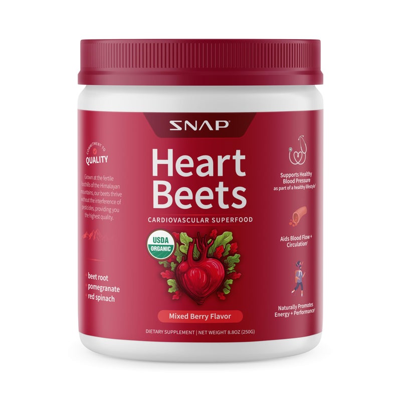 SNAP SUPPLEMENTS Heart Beets CARDIOVASCULAR SUPERFOOD Mixed Berry Flavor DIETARY SUPPLEMENT I NET WEIGHT 8.8OZ (250G) - Image 1