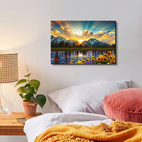 AREBOLO Nature Mountain Wall Art for Living Room, National Park Sunflower Landscape Canvas Picture Wall Decor 12x16", Sunset Grand Teton Lake Prints Painting Framed Artwork for Kitchen Bedroom Home Decoration - Image 2