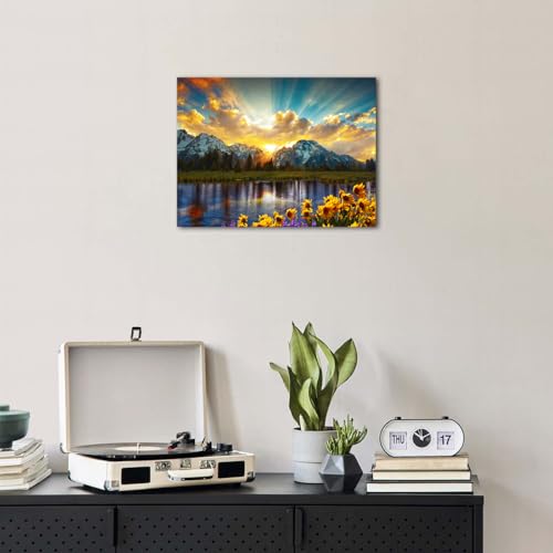 AREBOLO Nature Mountain Wall Art for Living Room, National Park Sunflower Landscape Canvas Picture Wall Decor 12x16", Sunset Grand Teton Lake Prints Painting Framed Artwork for Kitchen Bedroom Home Decoration - Image 4