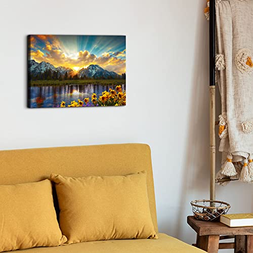 AREBOLO Nature Mountain Wall Art for Living Room, National Park Sunflower Landscape Canvas Picture Wall Decor 12x16", Sunset Grand Teton Lake Prints Painting Framed Artwork for Kitchen Bedroom Home Decoration - Image 3