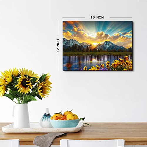 AREBOLO Nature Mountain Wall Art for Living Room, National Park Sunflower Landscape Canvas Picture Wall Decor 12x16", Sunset Grand Teton Lake Prints Painting Framed Artwork for Kitchen Bedroom Home Decoration - Image 5