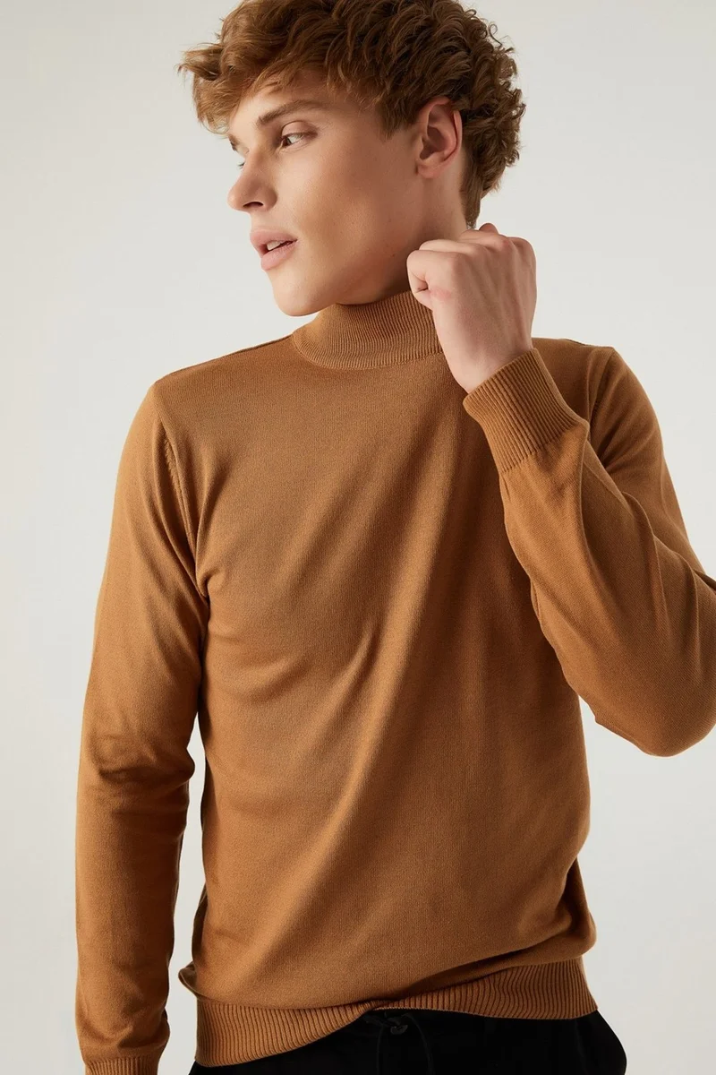 D'S DAMAT Regular Fit Camel Cotton Blend Half Turtleneck Knit Sweater 5HF06ORT16275