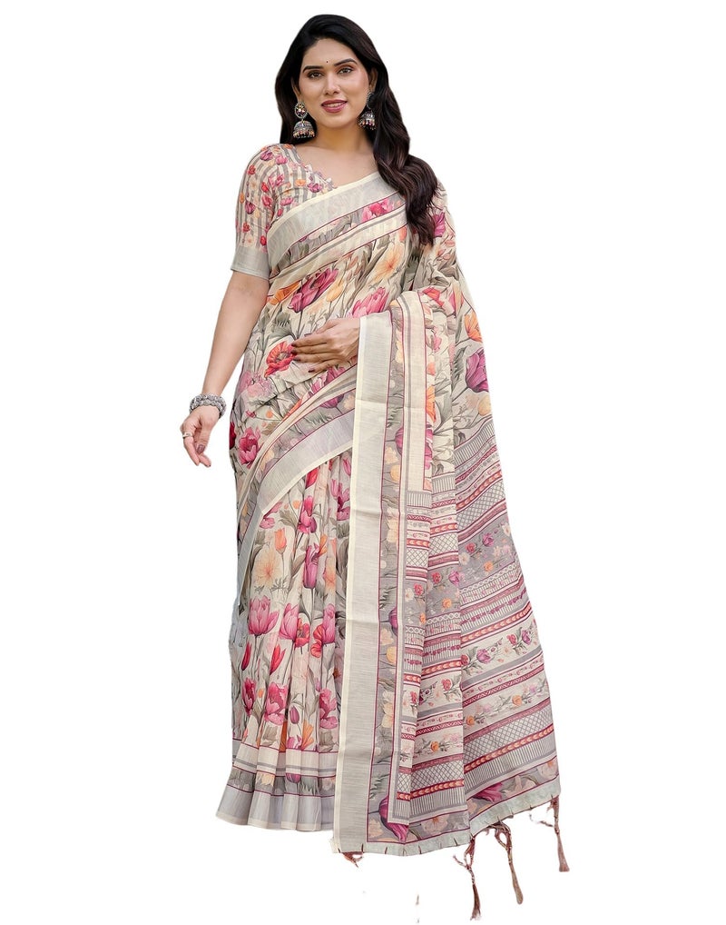 SIRIL Women's Cotton Linen Printed Saree with Unstitched Blouse Piece (4265S146_Beige) - Image 1