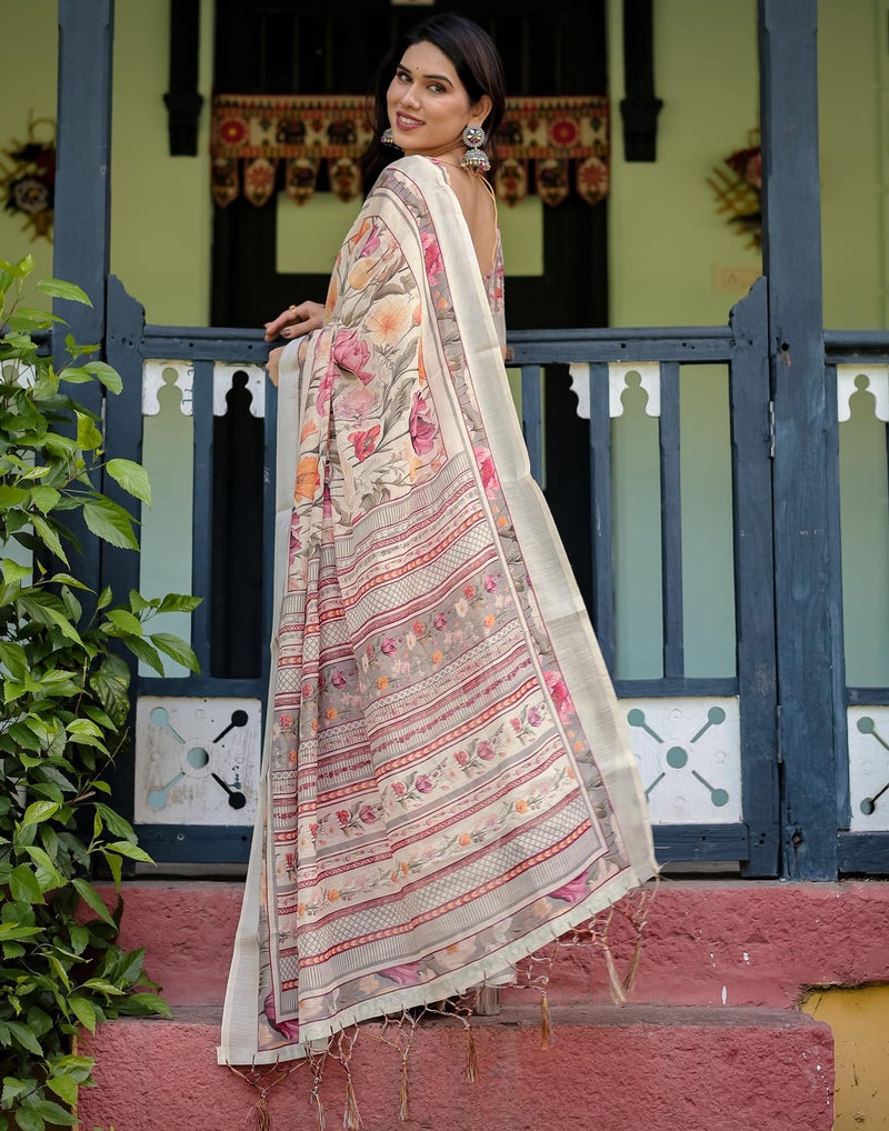 SIRIL Women's Cotton Linen Printed Saree with Unstitched Blouse Piece (4265S146_Beige) - Image 2
