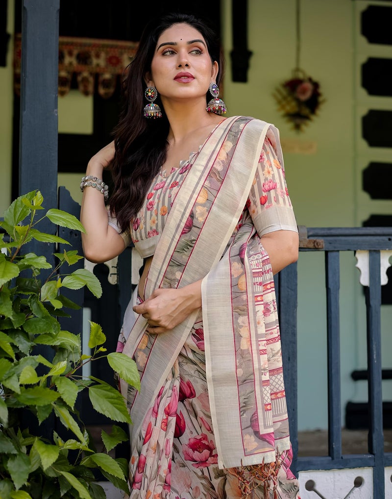 SIRIL Women's Cotton Linen Printed Saree with Unstitched Blouse Piece (4265S146_Beige) - Image 3