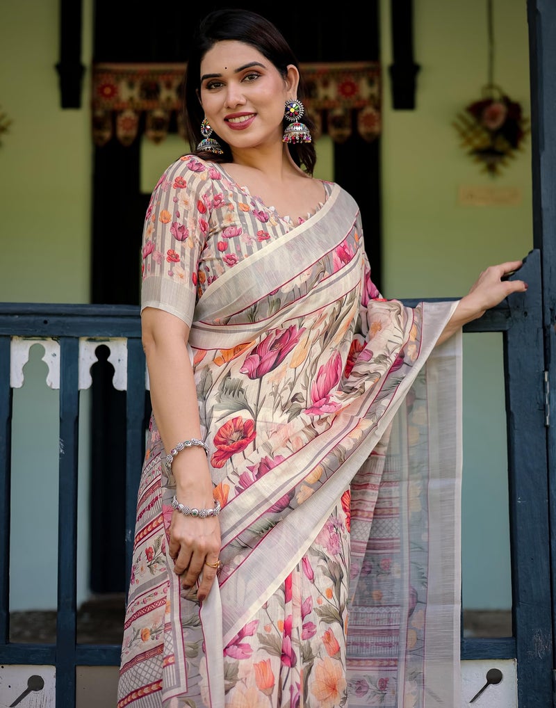 SIRIL Women's Cotton Linen Printed Saree with Unstitched Blouse Piece (4265S146_Beige) - Image 4