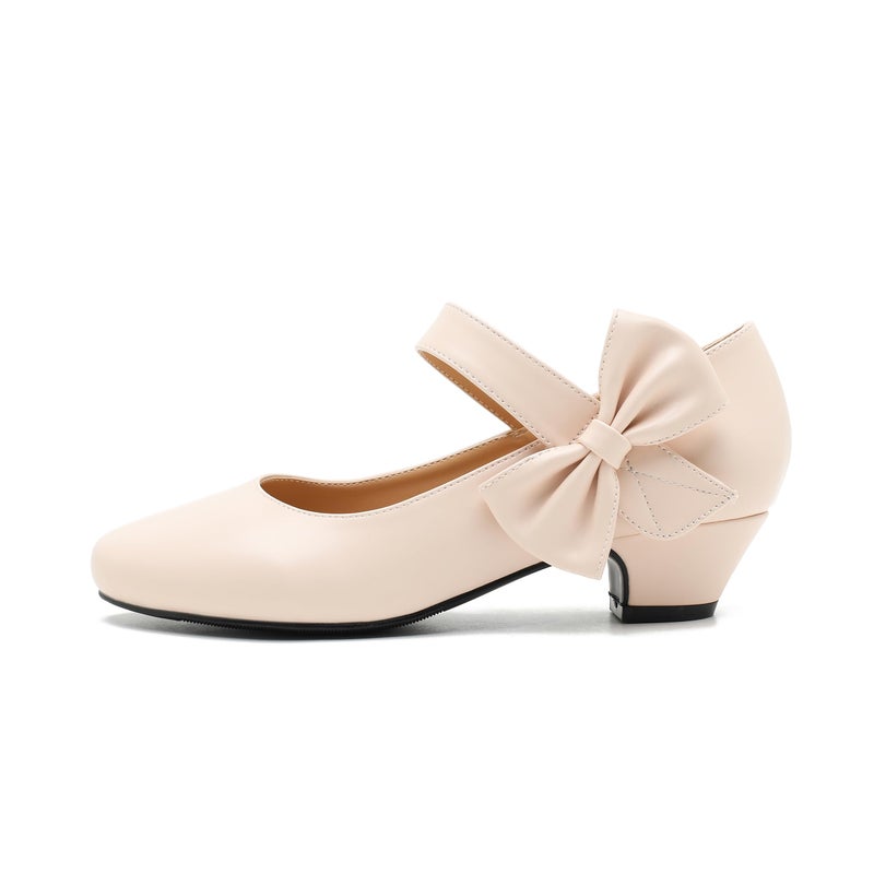 Peijely Women's Bow Mary Jane Low Chunky Heel Pumps Ankle Strap Side Bow Round Toe Dress Wedding Party Shoes Nude Matte 36 - US 6 - Image 4