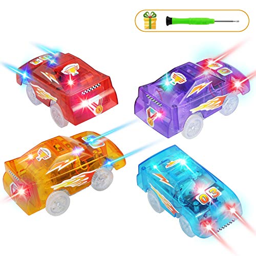 Save Unicorn Tracks Cars Replacement only Toy Cars for Most Tracks Glow in The Dark Car Track Accessories with 5 Flashing LED Lights Compatible with Most Car Tracks for Girls Boys and Kids4pack - Image 1