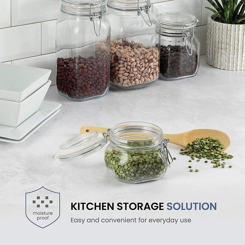 KELVEE Glass Storage Jars with Airtight Lid Clear Preserving Seal Wide Mouth Containers with Wire Clip Fastening for Kitchen Canning Cereal,Pasta,Sugar,Coffee,Spices - 500 ml (Pack of 4, Clear) - Image 4