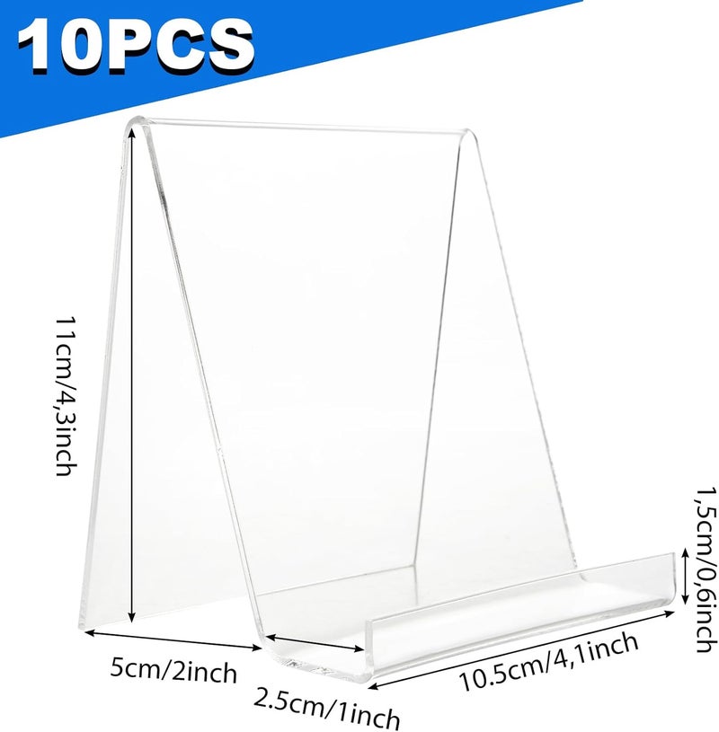 LOLYSIC Pack of 10 Clear Acrylic Book Stands, Acrylic Table Stands Slanted 11 x 8 x 10 cm, Easel Stand for Displaying Photos, Books, Music - Image 2