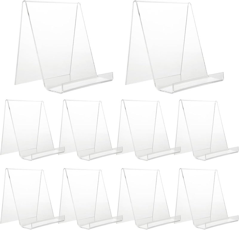 LOLYSIC Pack of 10 Clear Acrylic Book Stands, Acrylic Table Stands Slanted 11 x 8 x 10 cm, Easel Stand for Displaying Photos, Books, Music - Image 1
