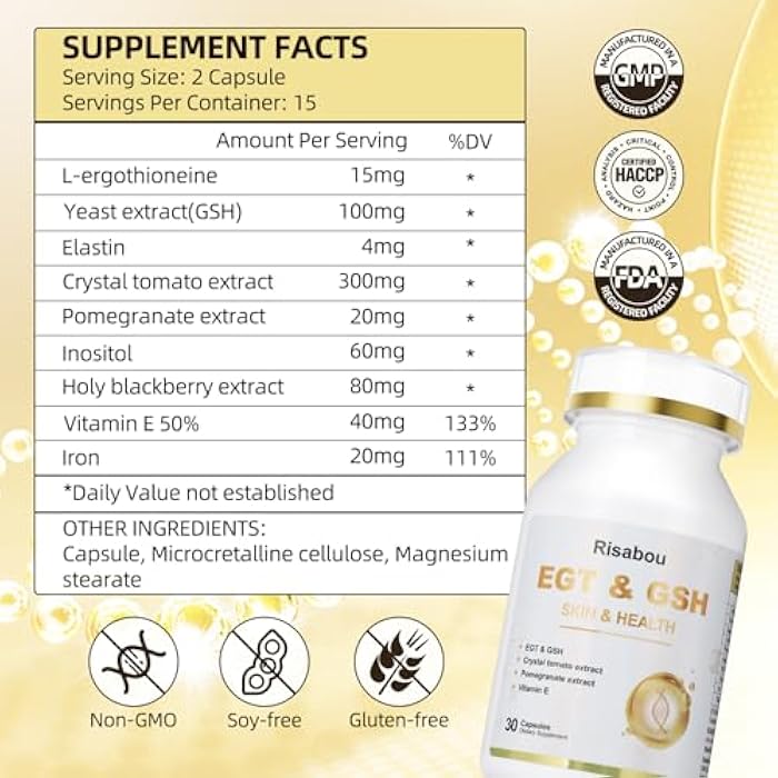 Risabou L-Ergothioneine with Iron Supplement for Women | Skin Care, Brain, Immune, Cognitive Support, Extract as Yeast, Crystal Tomato, Pomegranate, Holy Blackberry and Inositol, Elastin, Vitamin E | 60 Caps - Image 2