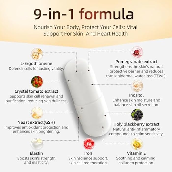 Risabou L-Ergothioneine with Iron Supplement for Women | Skin Care, Brain, Immune, Cognitive Support, Extract as Yeast, Crystal Tomato, Pomegranate, Holy Blackberry and Inositol, Elastin, Vitamin E | 60 Caps - Image 5