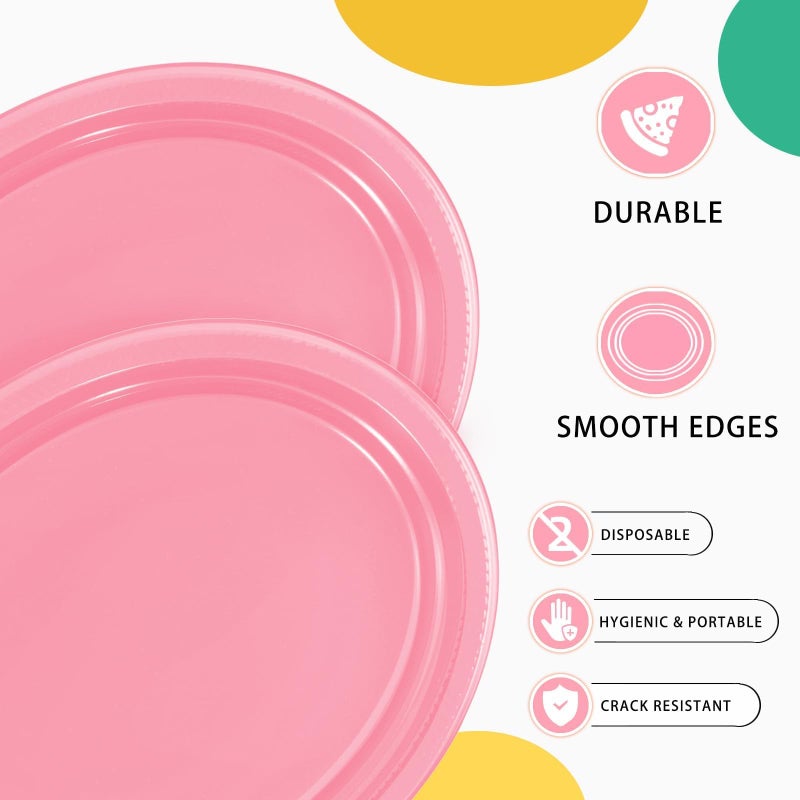 BONSINY 50 Count Pink Plastic Plates Disposiable 10" x 12" Oval Pink Plates for Birthday Picnic Spring Easter Party - Image 3