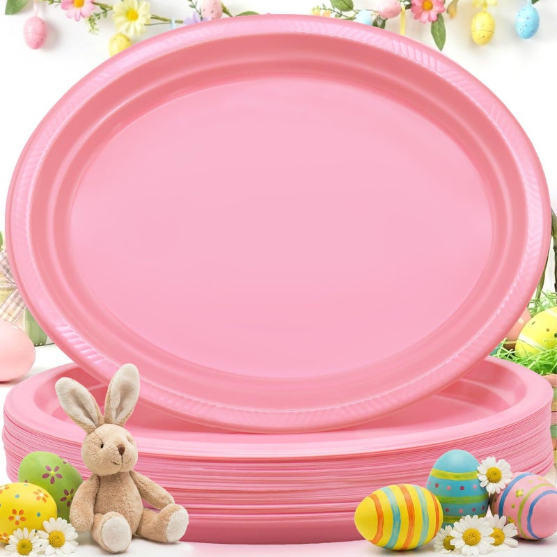 BONSINY 50 Count Pink Plastic Plates Disposiable 10" x 12" Oval Pink Plates for Birthday Picnic Spring Easter Party - Image 1