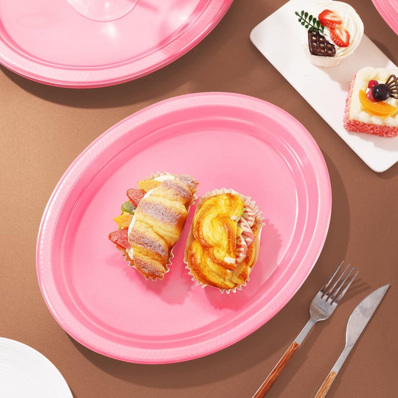BONSINY 50 Count Pink Plastic Plates Disposiable 10" x 12" Oval Pink Plates for Birthday Picnic Spring Easter Party - Image 4