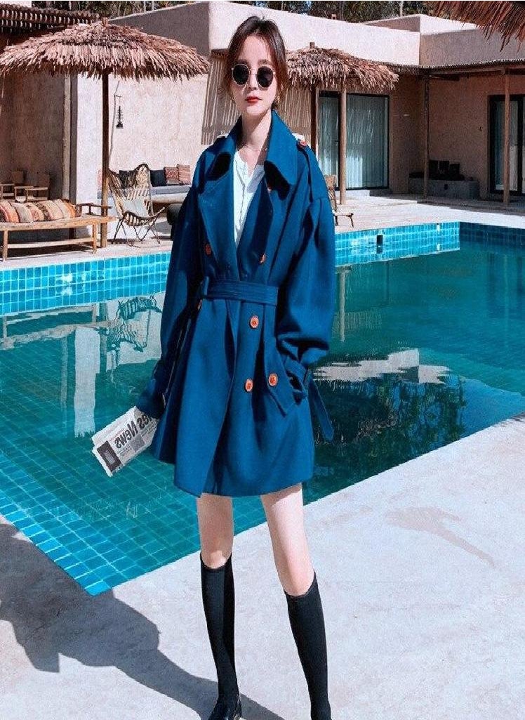 Eckek - Autumn Oversized Waist-tight Short Style Trench Turn-down Collar Belt Double Breasted High Waist Coat Women Outwears - Image 1