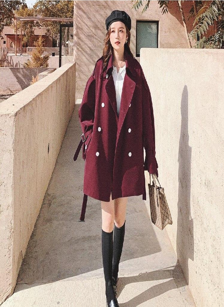 Eckek - Autumn Oversized Waist-tight Short Style Trench Turn-down Collar Belt Double Breasted High Waist Coat Women Outwears - Image 1