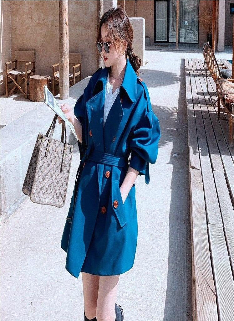 Eckek - Autumn Oversized Waist-tight Short Style Trench Turn-down Collar Belt Double Breasted High Waist Coat Women Outwears - Image 1