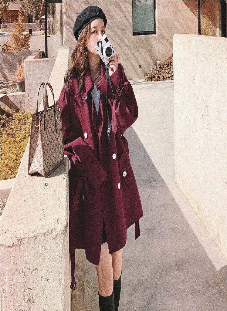 Eckek - Autumn Oversized Waist-tight Short Style Trench Turn-down Collar Belt Double Breasted High Waist Coat Women Outwears - Image 1