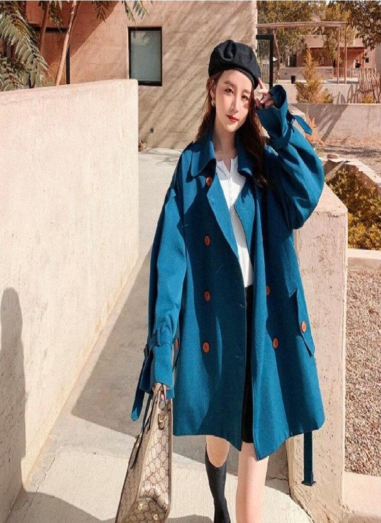 Eckek - Autumn Oversized Waist-tight Short Style Trench Turn-down Collar Belt Double Breasted High Waist Coat Women Outwears - Image 1