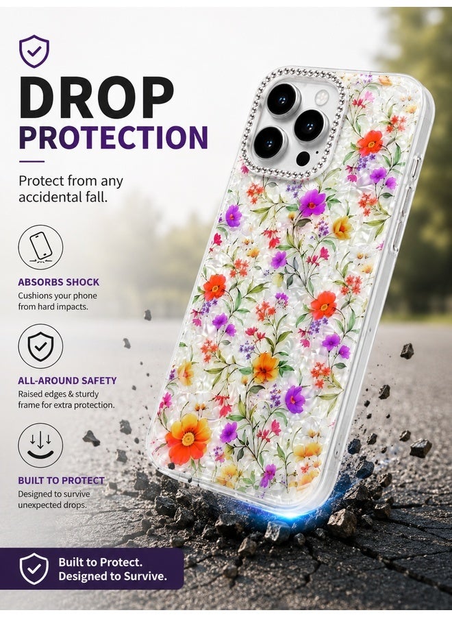 VR CREATIVE Protective Case Cover for Apple iPhone 16 Pro Max with Floral Marble Flower Print Transparent TPU + PC Shockproof Back Cover Design 4 - Image 5