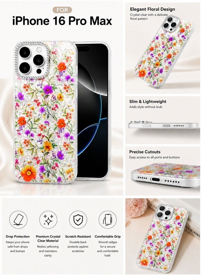 VR CREATIVE Protective Case Cover for Apple iPhone 16 Pro Max with Floral Marble Flower Print Transparent TPU + PC Shockproof Back Cover Design 4 - Image 4