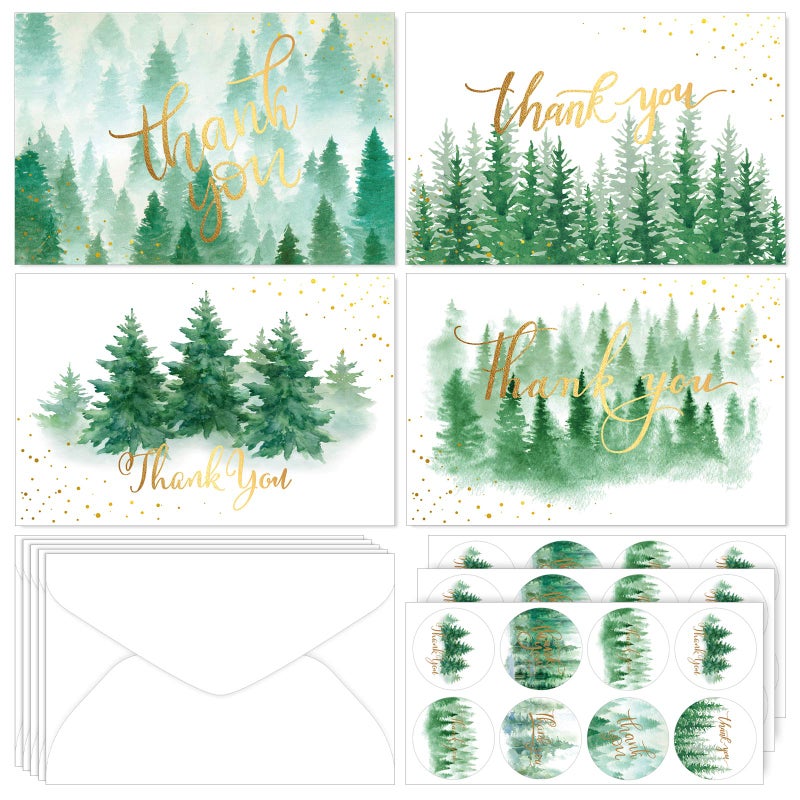 Whaline 32 Pack Forest Thank You Cards with Envelopes Stickers Green Christmas Blank Gift Card Watercolor Holiday Greeting Cards for Wedding Baby Shower Birthday 4 x 6 Inch