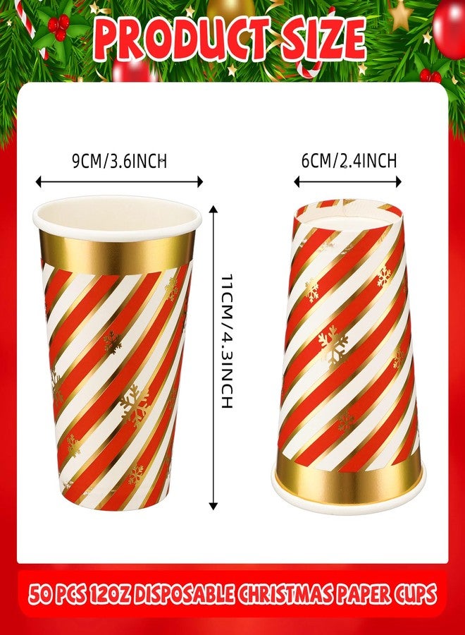 Layhit 50 Pcs Disposable 12 oz Candy Cane Christmas Paper Cups with Gold Foil and Snowflakes - Holiday Coffee Cups for Cold Beverage Xmas Party - Image 2