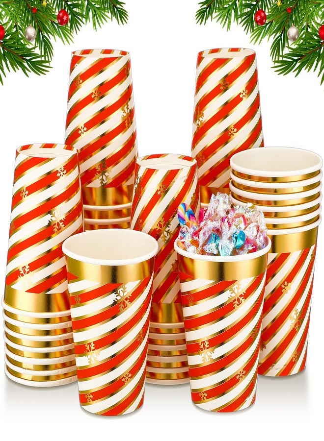 Layhit 50 Pcs Disposable 12 oz Candy Cane Christmas Paper Cups with Gold Foil and Snowflakes - Holiday Coffee Cups for Cold Beverage Xmas Party - Image 1