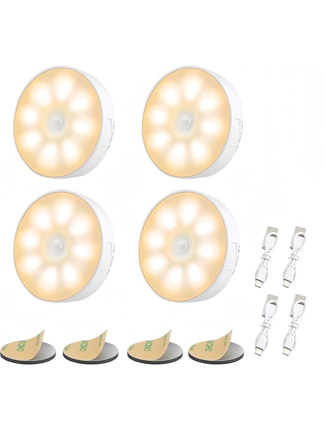 The Bros Sensor night Lights, 4 pcs LEDs Rechargeable small Night Light, with USB Cable & Magnetic Patch, 3 Modes, Cordless Safe Wall Light for kids rooms bedroom Kitchen Bookshelves Drawers - Image 1