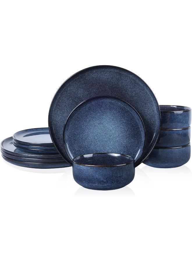 E-far Efar Dinnerware Sets for 4 12Piece Stoneware Plates and Bowls Set Reactive Glaze Dishes Dinning Ware Microwave Dishwasher Safe Deep Sea Blue - Image 1