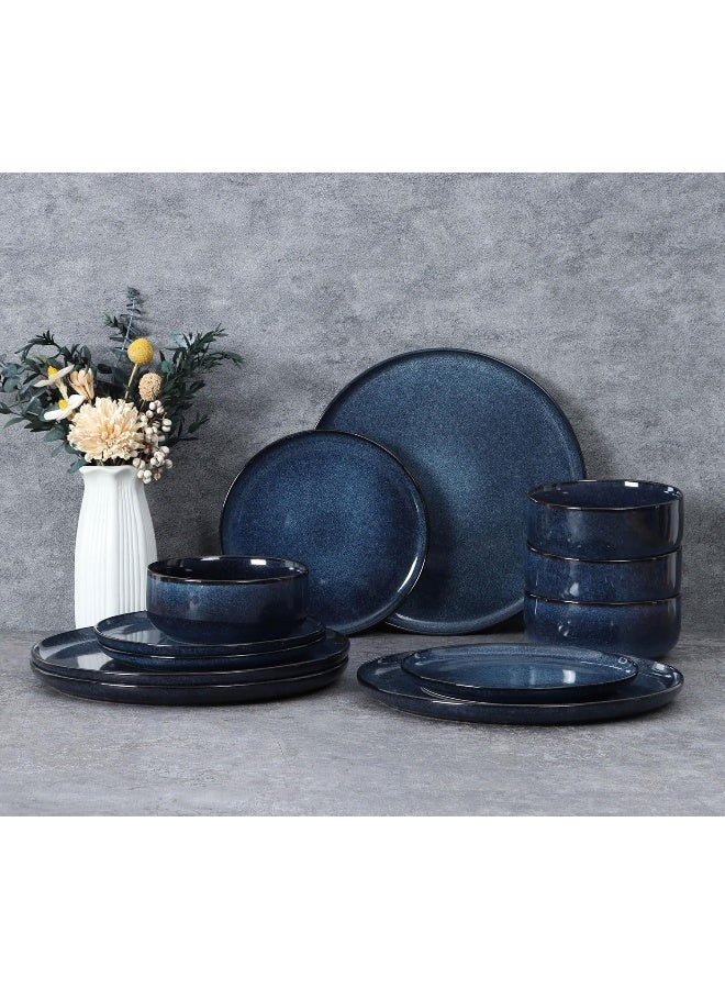 E-far Efar Dinnerware Sets for 4 12Piece Stoneware Plates and Bowls Set Reactive Glaze Dishes Dinning Ware Microwave Dishwasher Safe Deep Sea Blue - Image 2