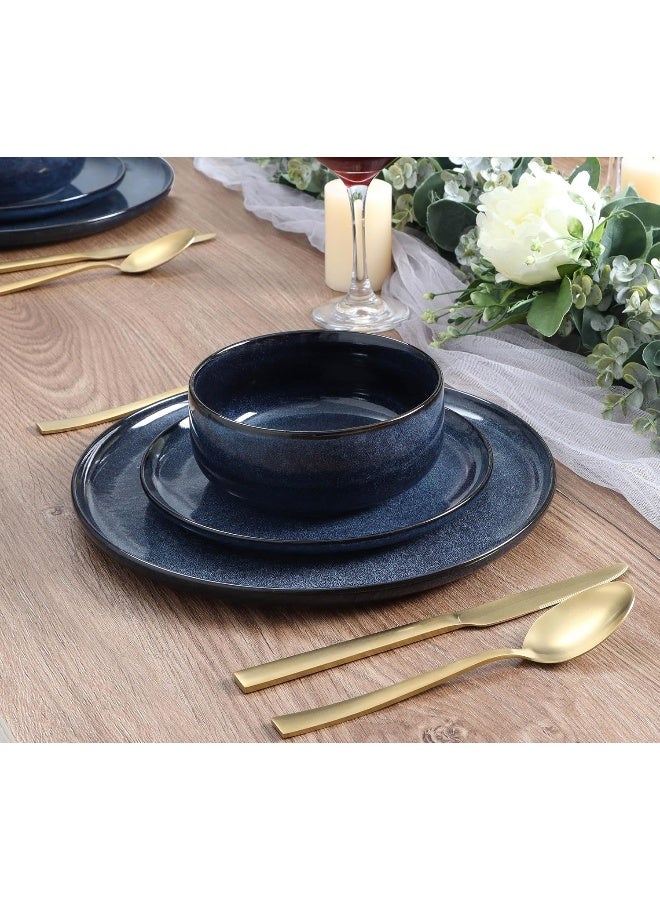 E-far Efar Dinnerware Sets for 4 12Piece Stoneware Plates and Bowls Set Reactive Glaze Dishes Dinning Ware Microwave Dishwasher Safe Deep Sea Blue - Image 4