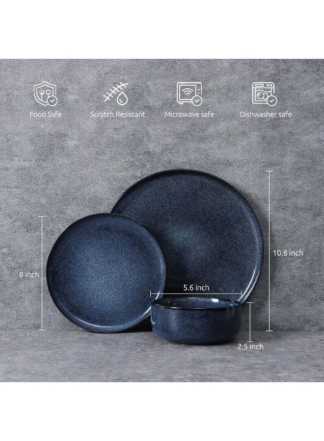 E-far Efar Dinnerware Sets for 4 12Piece Stoneware Plates and Bowls Set Reactive Glaze Dishes Dinning Ware Microwave Dishwasher Safe Deep Sea Blue - Image 3