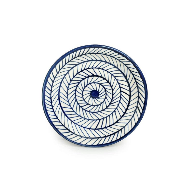Caffeine Ceramic Handmade Blue Chevron Dinner Set, 1 Ceramic Dinner Plate & 2 Katori Bowl (3 Pieces) Microwave Safe & Dishwasher Safe - Image 2