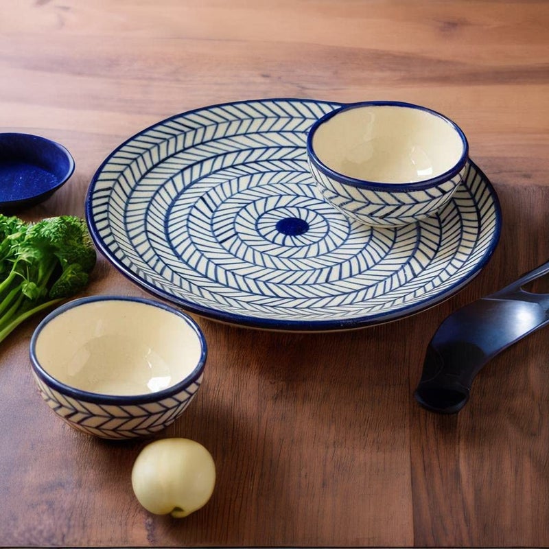 Caffeine Ceramic Handmade Blue Chevron Dinner Set, 1 Ceramic Dinner Plate & 2 Katori Bowl (3 Pieces) Microwave Safe & Dishwasher Safe - Image 1