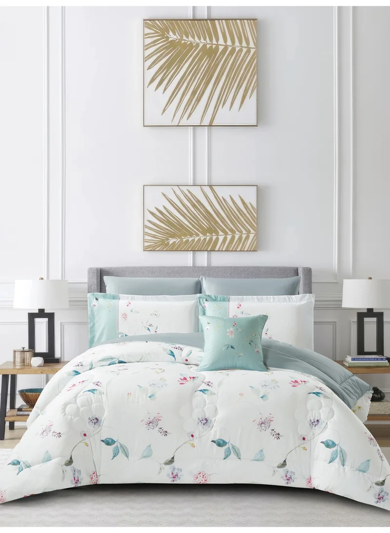 Donetella Bedding Comforter Set, King Size Fits 200x200 cm - 7-Pcs Digital Print Quilted Bed Set, Microfiber Fabric - 1 Comforter, 1 Fitted Sheet, 2 Pillow Shams, 2 Pillowcases 1 Cushion Cover.