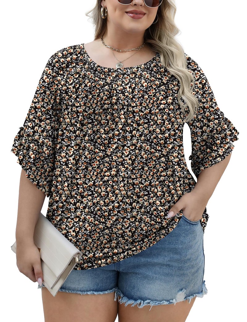 Micoson 3/4 Length Sleeve Womens Tops Plus Size Peasant Tops for Women Boho Blouse Cotton Tops for Women Loose Fit Summer Shirt Black Floral - Image 4