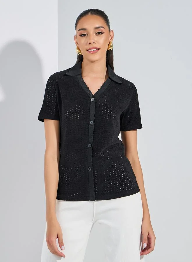 Styli Knitted Scallop Detail with Half Sleeve Shirt