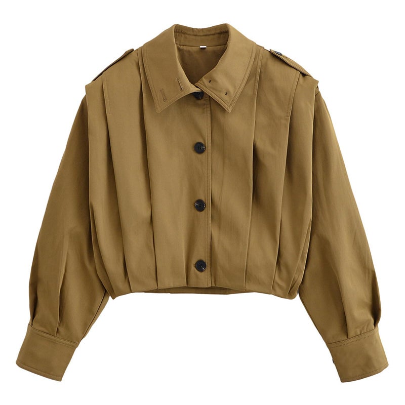 CUFEZN Women's Cropped Trench Coat Casual Lapel Collar Long Sleeve Button Down Short Pleated Jacket 2025 Fall Fashion Outerwear Olive green Medium - Image 1