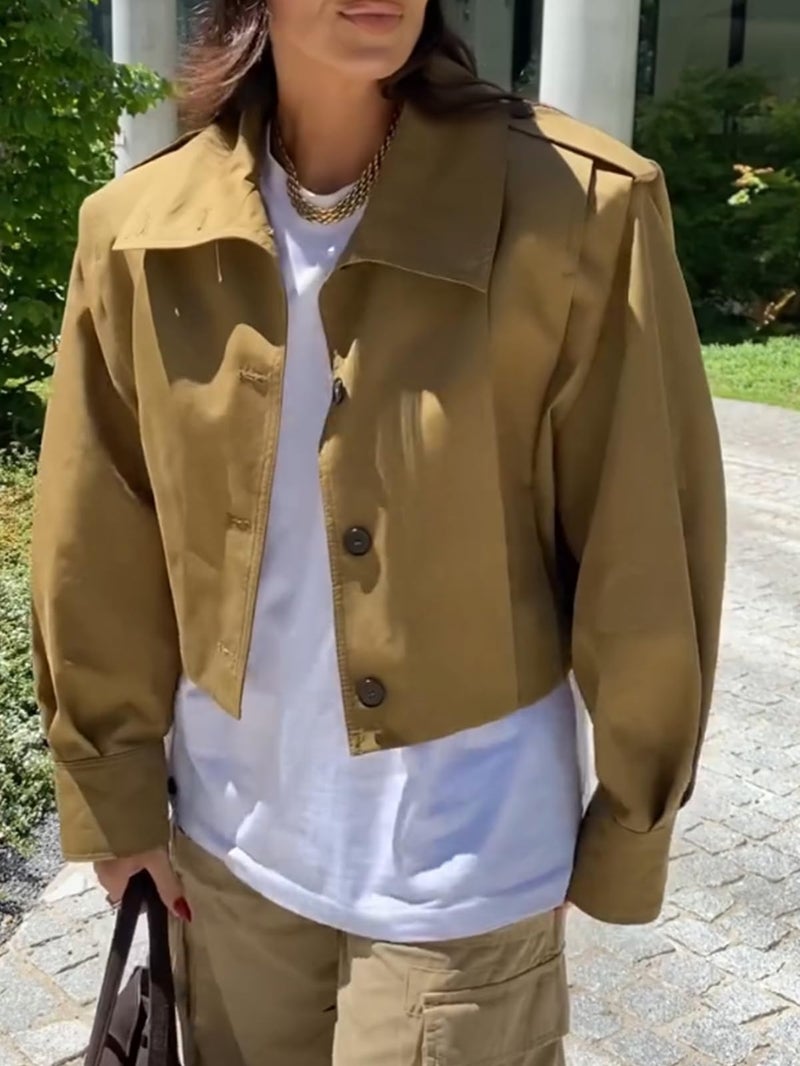 CUFEZN Women's Cropped Trench Coat Casual Lapel Collar Long Sleeve Button Down Short Pleated Jacket 2025 Fall Fashion Outerwear Olive green Medium - Image 2