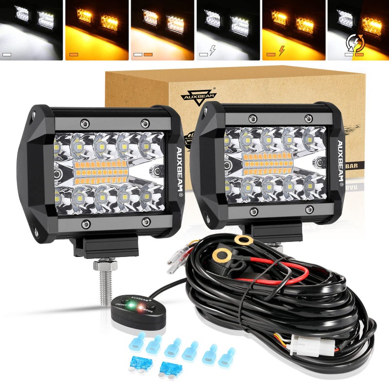 Auxbeam 4 Inch LED Driving Pods 120W 12000LM Spot Flood Combo Triple Row Off Road Light Bar 6 Modes Dual Color Amber White Auxiliary Flashing Fog Light for Trucks SUV ATV UTV Jeep 2PCS