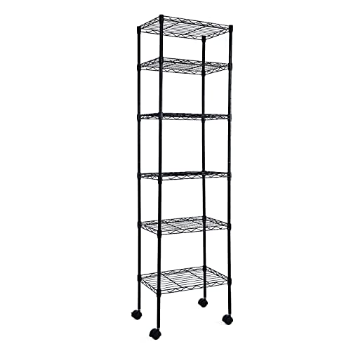HealSmart Heavy Duty 6Tier Storage Shelves 17 D x 11 W x 63 H Adjustable Shelving Unit with Wheels and Hanging Hooks Black