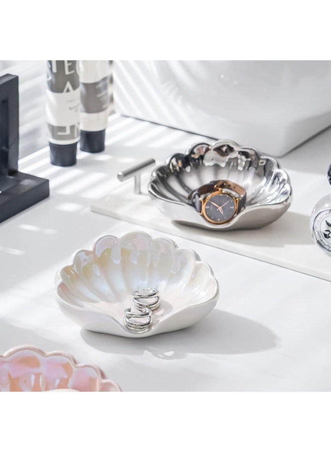 SFENG Shell shaped ceramic jewelry tray, water shell colored small accessory tray, ceramic ring and earring holder, ocean themed decorative small accessory tray, suitable for rings, earrings, necklaces, bracelets, watches, keys and other jewelry, bathroom dressing table decoration, water ceramic soap box, bright white - Image 4