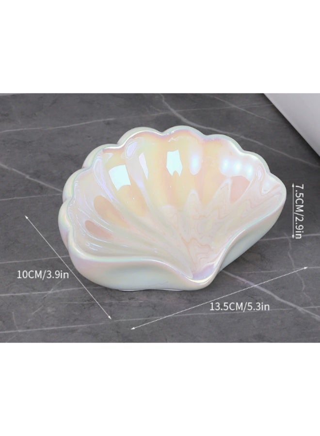 SFENG Shell shaped ceramic jewelry tray, water shell colored small accessory tray, ceramic ring and earring holder, ocean themed decorative small accessory tray, suitable for rings, earrings, necklaces, bracelets, watches, keys and other jewelry, bathroom dressing table decoration, water ceramic soap box, bright white - Image 3