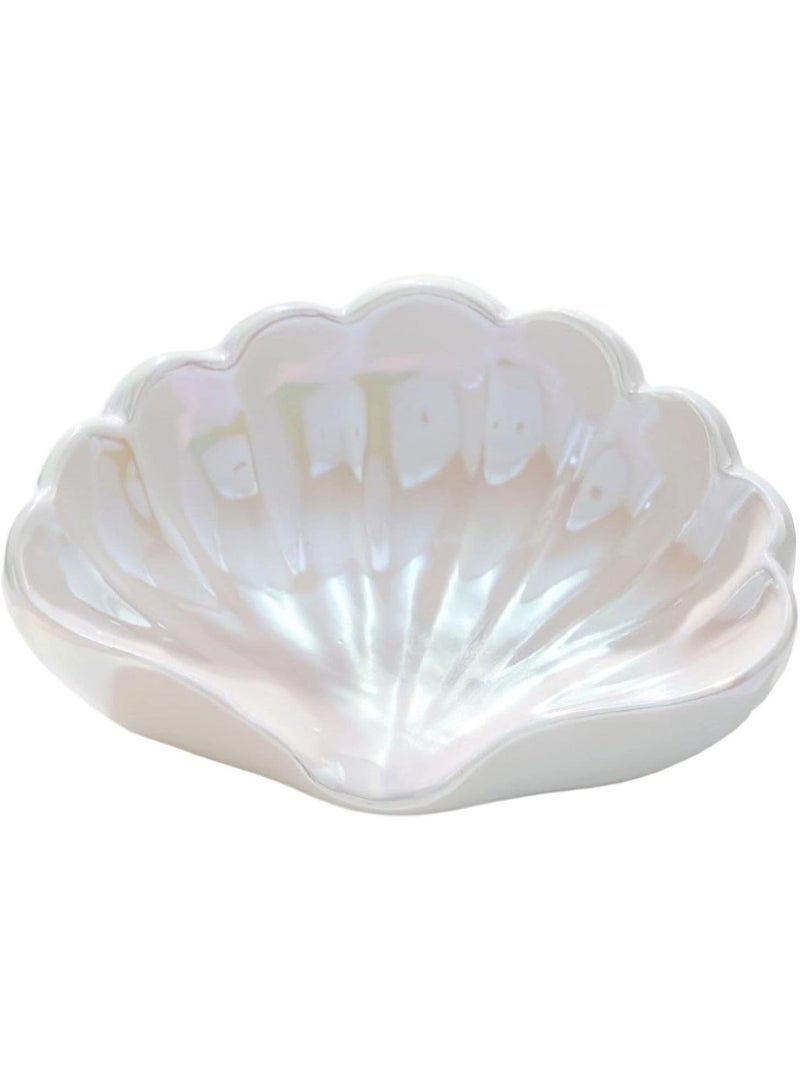 SFENG Shell shaped ceramic jewelry tray, water shell colored small accessory tray, ceramic ring and earring holder, ocean themed decorative small accessory tray, suitable for rings, earrings, necklaces, bracelets, watches, keys and other jewelry, bathroom dressing table decoration, water ceramic soap box, bright white - Image 2