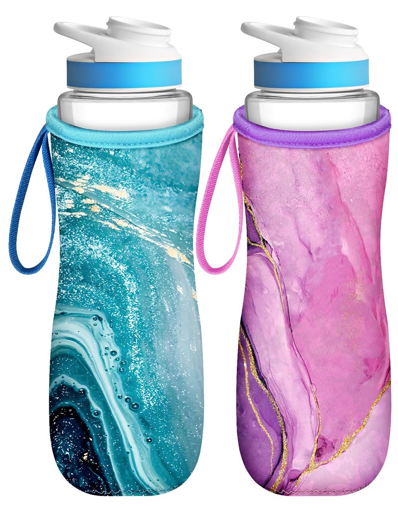 Toykee Water Bottle Sleeve for Cirkul 22 oz - 2 Pack Bottle Cover Holder Carrier with Handle Strap Blue Purple Marble Print - Image 1